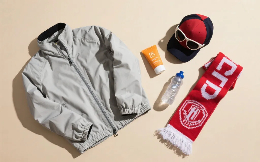 观赛必备物品平铺：帽子、防晒、补水、轻薄外套与小包