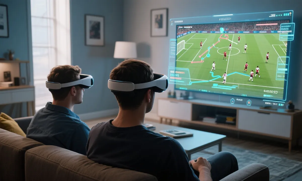 观众通过AR设备观看2026世界杯比赛，叠加战术线路和数据